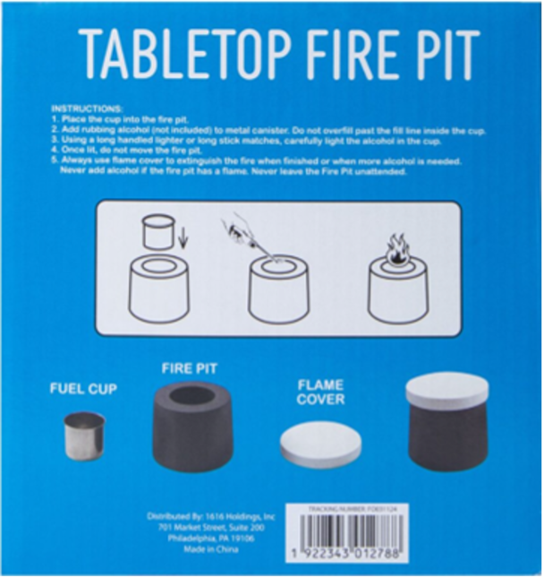 Recalled Five Below Tabletop Fire Pit packaging – smooth model