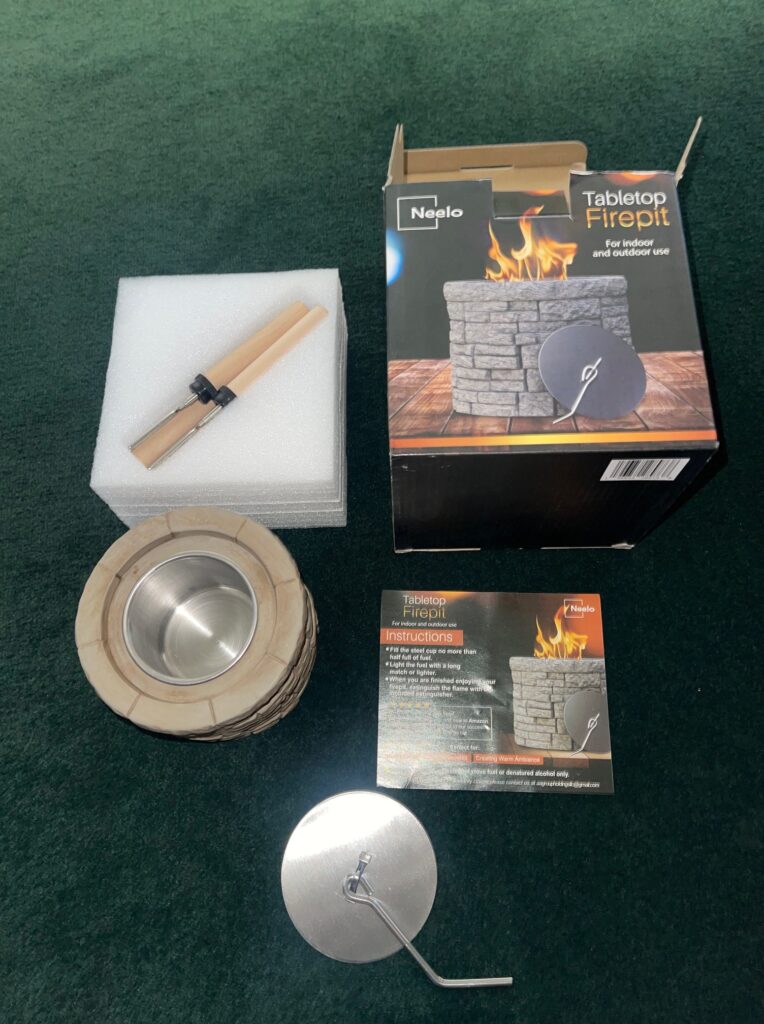 Neelo Tabletop Fire pit box and instructions using alcohol based fuels